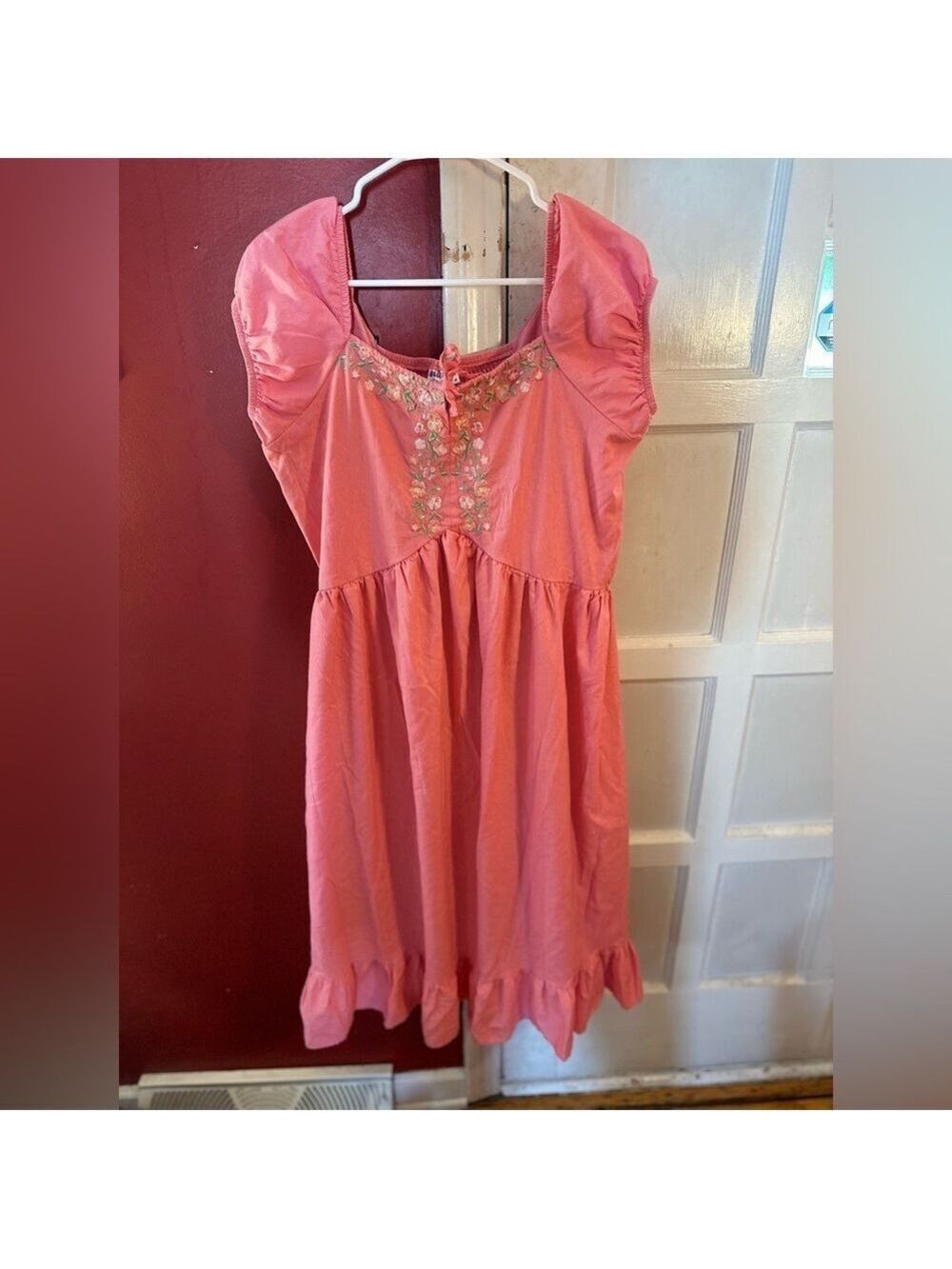 Blueberi Boulevard Embroidered Milk Maid Dress Coral Pink Puff Sleeve Ruffle Hem - Picture 6 of 10